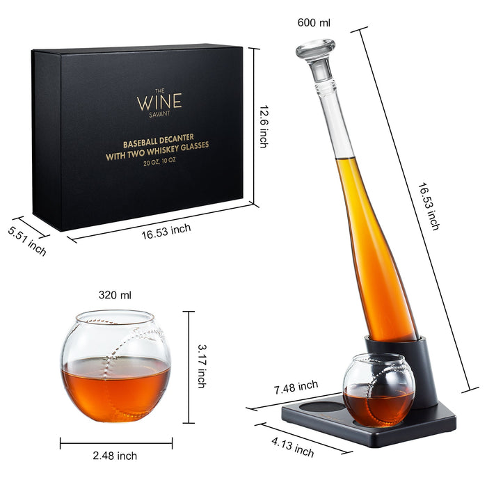 Baseball Themed Whiskey Decanter Set - 20Oz Bat Shaped Decanter with 2 11OZ Glasses, Perfect Birthday Gift for Men, Brothers, Boyfriends, Coaches – Ideal for Liquor, Tequila and Bourbon with Gift Box