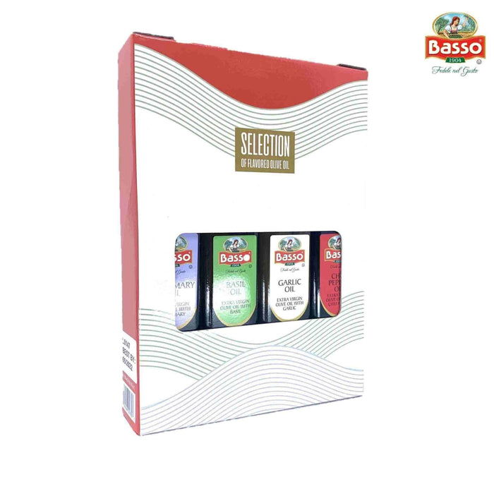 Basso 1904 Infused Extra Virgin Olive Oil Gift Set – Garlic, Chili Pepper, Rosemary, Basil – 4 x 8.5 fl oz (250 ml)