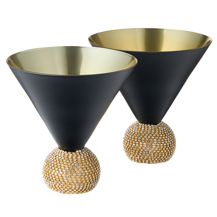 The Wine Savant Diamond Studded Martini Glasses Set of 2 Black & Gold Rimmed Modern Cocktail Glass, Rhinestone With Stemless Crystal Ball Base, Bar or Party 10.5oz, Swarovski Style Crystals