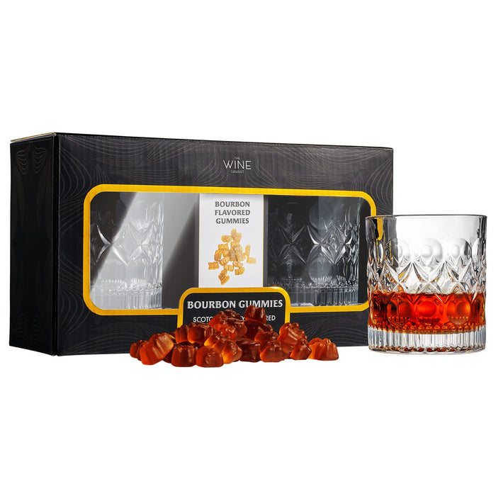 Bourbon Gummy Gift Set & Two Whiskey Glasses - Includes Bourbon Flavored Candy Bears & 2 Crystal Lowball Glassware - Gift for Whisky, Scotch Lovers, Him, Dad, or Husband, Tasting Set for Holiday