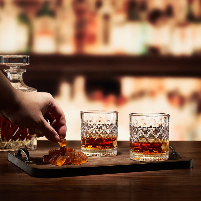 Bourbon Gummy Gift Set & Two Whiskey Glasses - Includes Bourbon Flavored Candy Bears & 2 Crystal Lowball Glassware - Gift for Whisky, Scotch Lovers, Him, Dad, or Husband, Tasting Set for Holiday