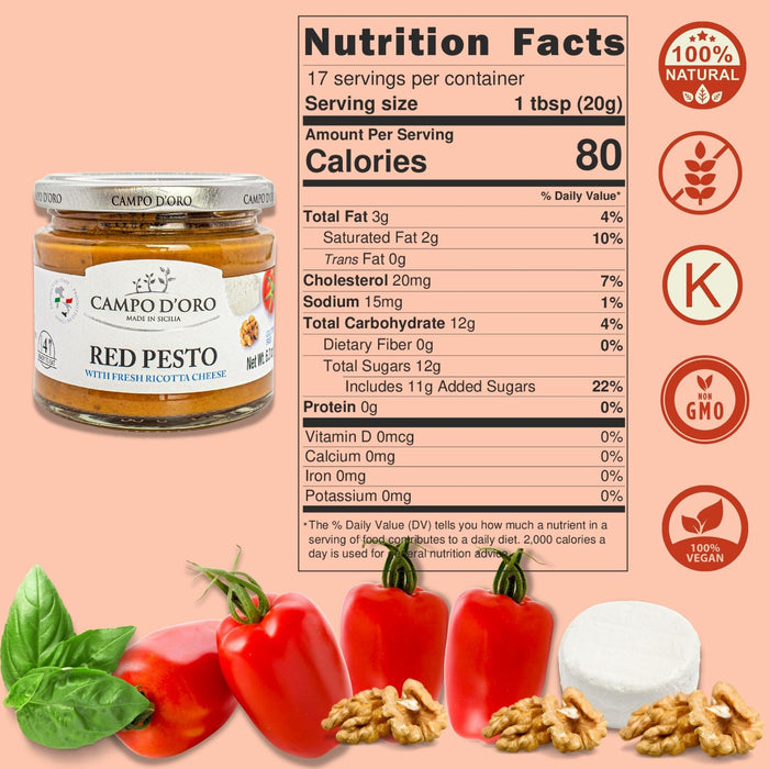 Campo D'Oro, Red Pesto Sauce, Sundried Tomato Pesto, 6.35 0oz