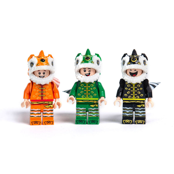 3 pc Set Lunar New Year LEGO MOC Figures (2 Lion Dancers + 1 Mandarin Tree)