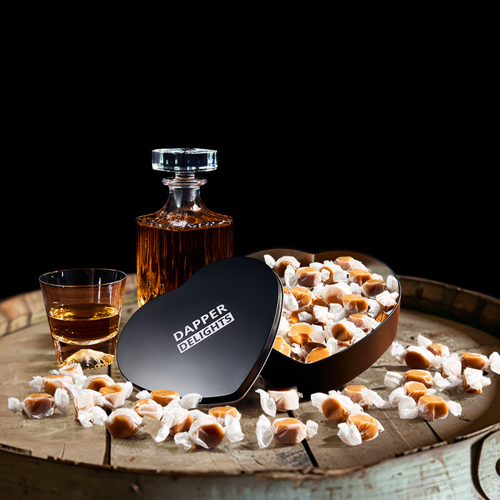 Valentines Day Gift Scotch Whiskey Caramels - Heart Tin - Him & Her, Premium Salted Caramel, Valentine Chocolate Candy Dapper Delights Gourmet Collection, Love Basket for Men, Boyfriend, Husband, Dad