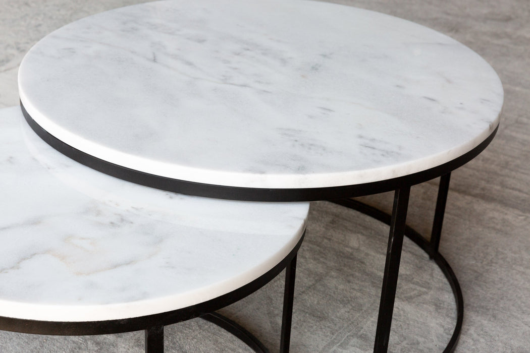 Carrara White Marble Nesting Coffee Table Round Set of 2 Polished