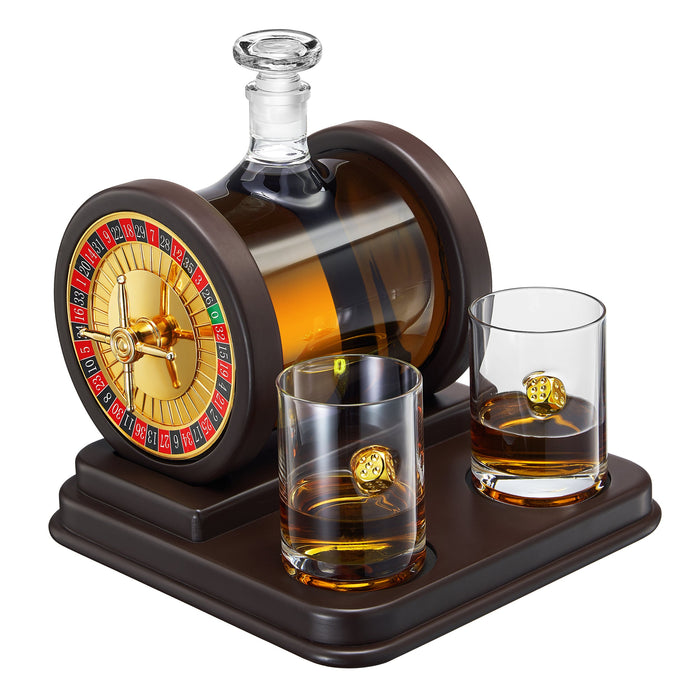 Casino Roulette Whiskey Decanter for Men, Husband, Him | 67.6 OZ Decanter With 2 x 10oz Dice Whiskey Glasses | Gold & Wood Gambling Slot Gift for Bourbon, Scotch, Liquor, Gifts For Dad, Guy, Christmas