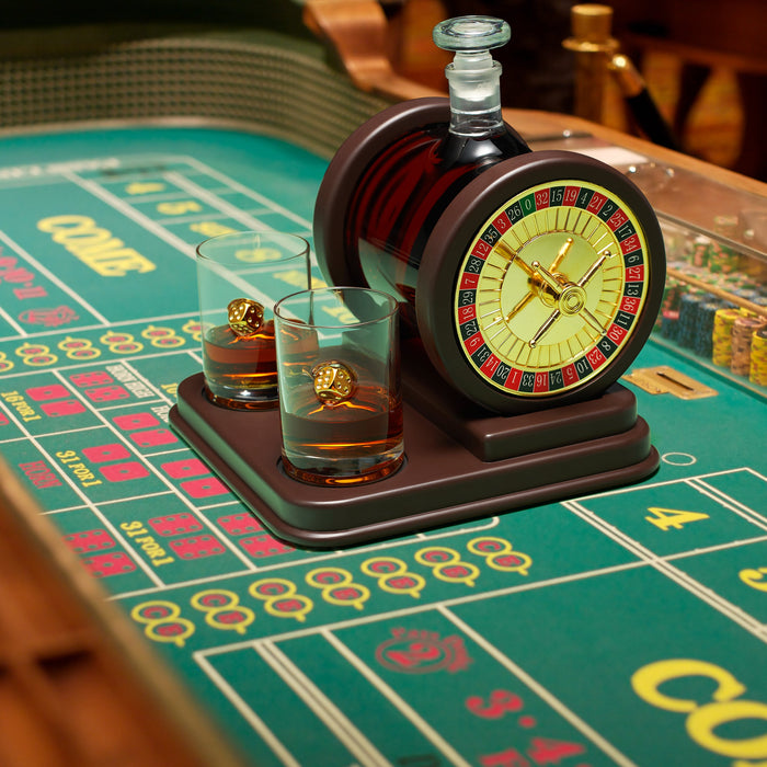 Casino Roulette Whiskey Decanter for Men, Husband, Him | 67.6 OZ Decanter With 2 x 10oz Dice Whiskey Glasses | Gold & Wood Gambling Slot Gift for Bourbon, Scotch, Liquor, Gifts For Dad, Guy, Christmas