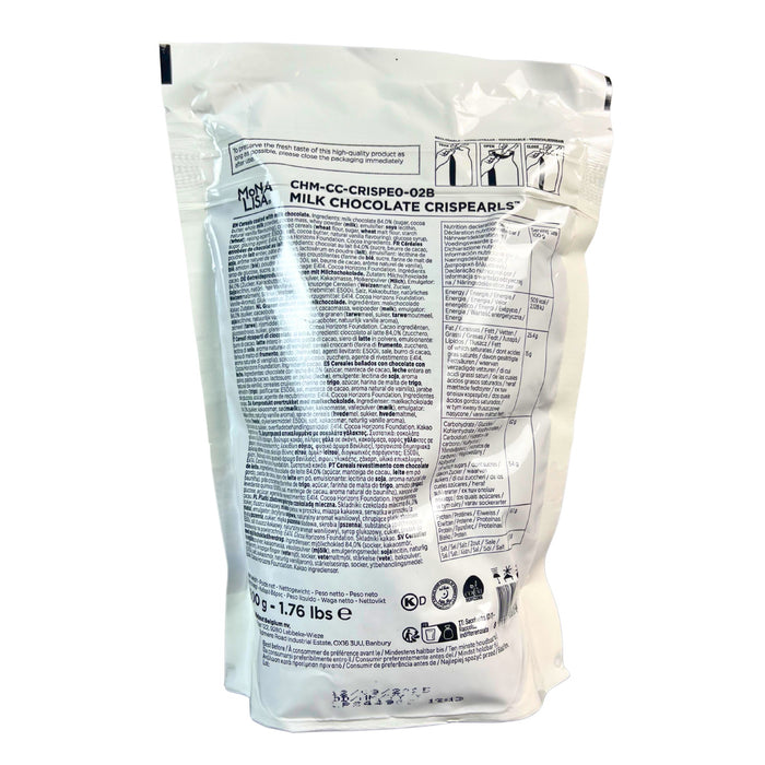 Mona Lisa Milk Chocolate Crisp Pearls – 33% cocoa, crunchy cereal center, glossy finish, Kosher Dairy – for snacking and dessert garnishing back