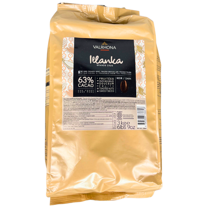 Valrhona Illanka 63% Dark Chocolate Fèves – 3 kg gold bag of single-origin couverture from Peru