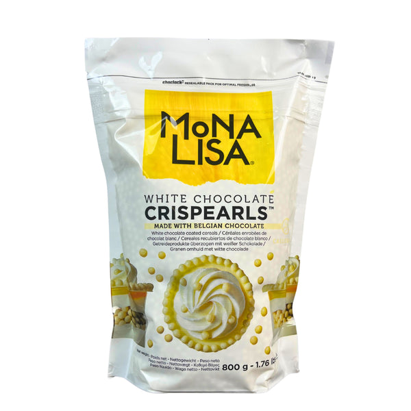 Mona Lisa Crisp Pearls – White chocolate with crunchy cereal core, 25% cocoa butter, glossy finish, Kosher Dairy – for dessert garnish and topping

