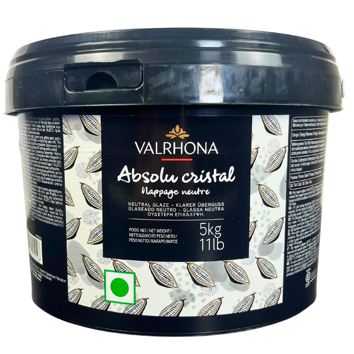 Valrhona Absolu Cristal 5kg tub – neutral clear glaze for pastries and desserts, in professional packaging.