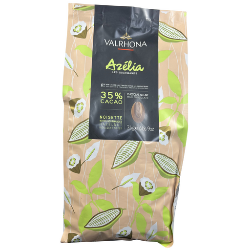 Valrhona Azélia 35% Milk Chocolate couverture with hazelnut notes in a 3kg professional bag.