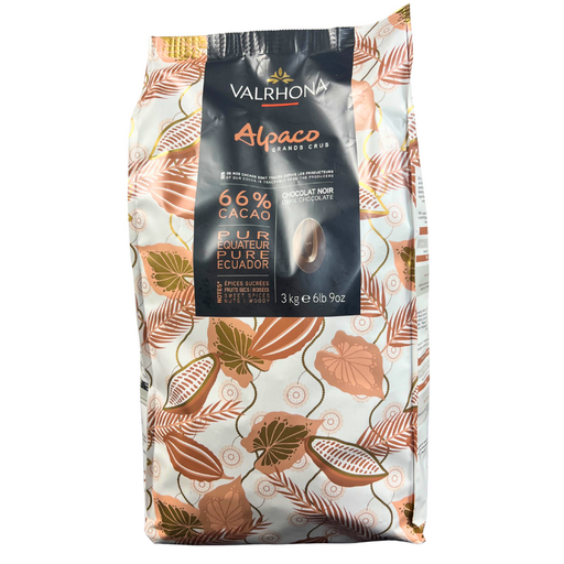 Valrhona Alpaco 66% dark chocolate feves – single-origin Ecuador couverture in a 3kg professional bag.
