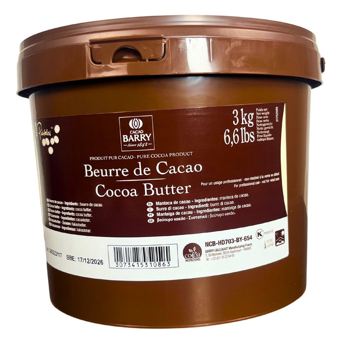 Brown 3kg tub of Cacao Barry Cocoa Butter labeled “Beurre de Cacao” for professional chocolate and pastry use