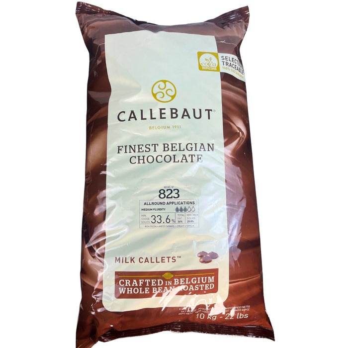 Large 22 lb bag of Callebaut 823 Milk Chocolate Callets with branding and cocoa/fat specs