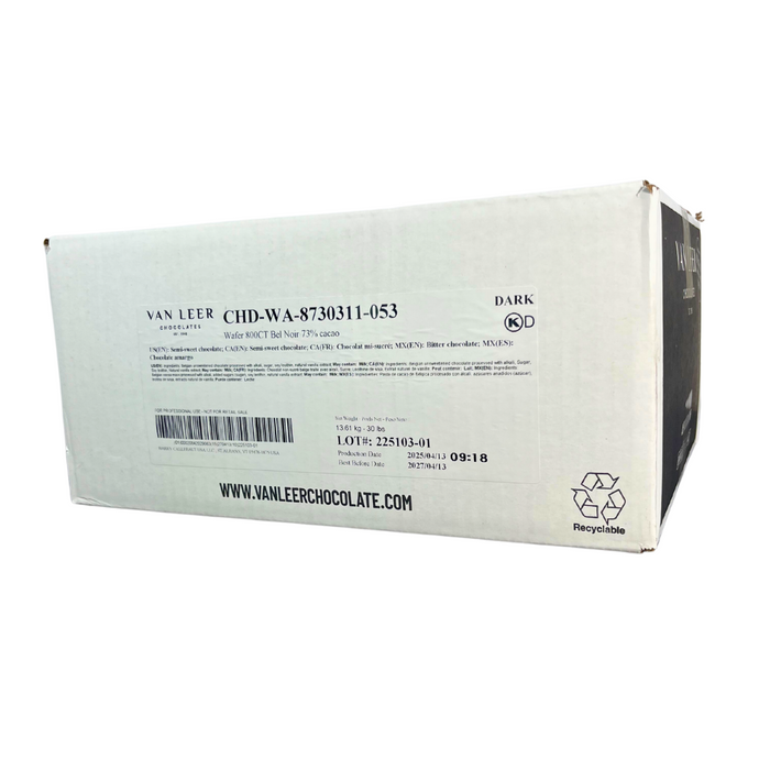 Van Leer Bel Noir 73% Dark Chocolate Wafers – Kosher Dairy couverture in bulk 800ct wafer format for truffles, ganache, and artisan chocolate making