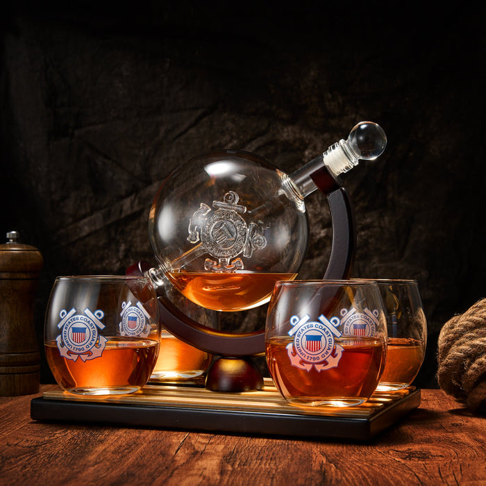 Coastguard Gift Whiskey & Wine Decanter Set & 4 Liquor Glasses - US Coast guard 800 ML Whiskey Decanter & 11 OZ Glass Set with Wood Base - Gifts for Men - Bourbon and Scotch Decanter Military Gifts