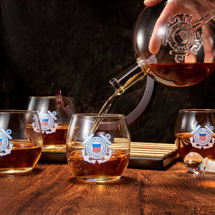 Coastguard Gift Whiskey & Wine Decanter Set & 4 Liquor Glasses - US Coast guard 800 ML Whiskey Decanter & 11 OZ Glass Set with Wood Base - Gifts for Men - Bourbon and Scotch Decanter Military Gifts