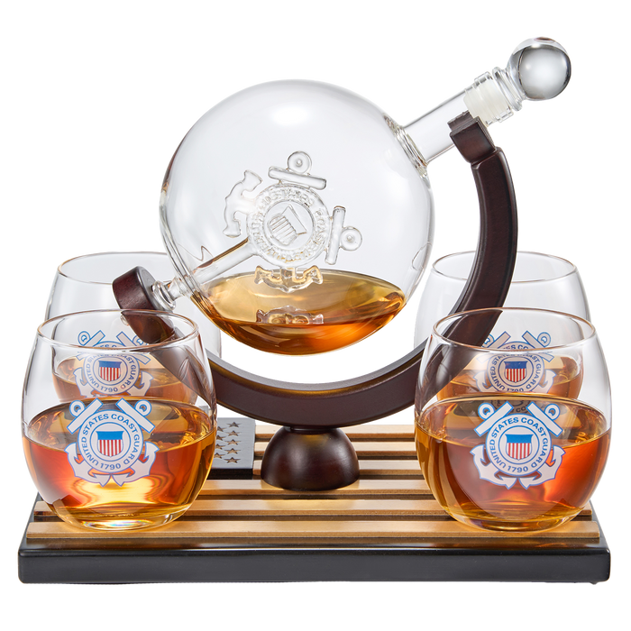 Coastguard Gift Whiskey & Wine Decanter Set & 4 Liquor Glasses - US Coast guard 800 ML Whiskey Decanter & 11 OZ Glass Set with Wood Base - Gifts for Men - Bourbon and Scotch Decanter Military Gifts