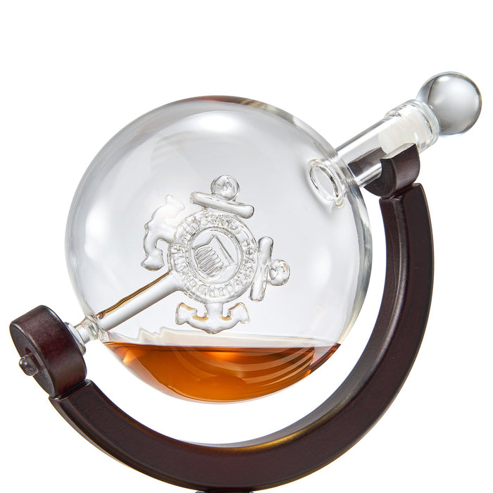 Coastguard Gift Whiskey & Wine Decanter Set & 4 Liquor Glasses - US Coast guard 800 ML Whiskey Decanter & 11 OZ Glass Set with Wood Base - Gifts for Men - Bourbon and Scotch Decanter Military Gifts