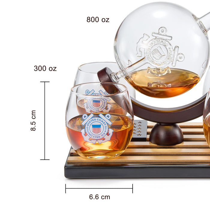 Coastguard Gift Whiskey & Wine Decanter Set & 4 Liquor Glasses - US Coast guard 800 ML Whiskey Decanter & 11 OZ Glass Set with Wood Base - Gifts for Men - Bourbon and Scotch Decanter Military Gifts