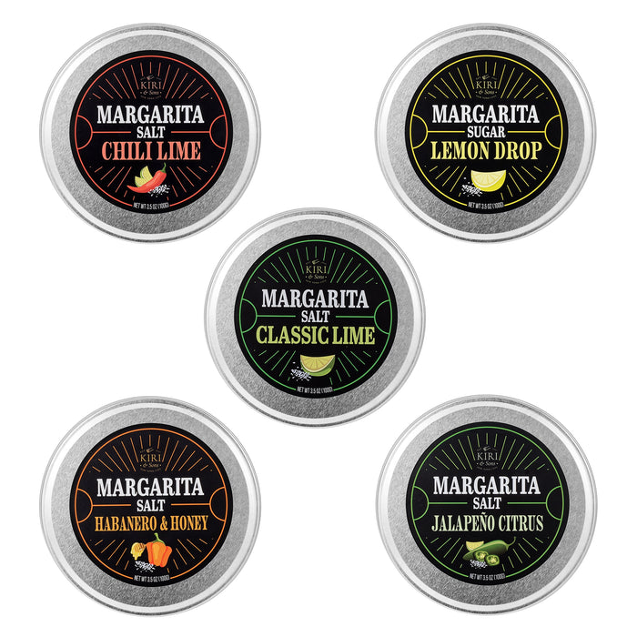 5-Pack Premium Margarita & Cocktail Flavored Salt Rimmer, Variety Set 3.5oz - Chili Lime, Lemon Drop Sugar, Lime, Habanero & Honey, Jalapeno Citrus - No Silicon Dioxide, Easy Screw-On Lid
