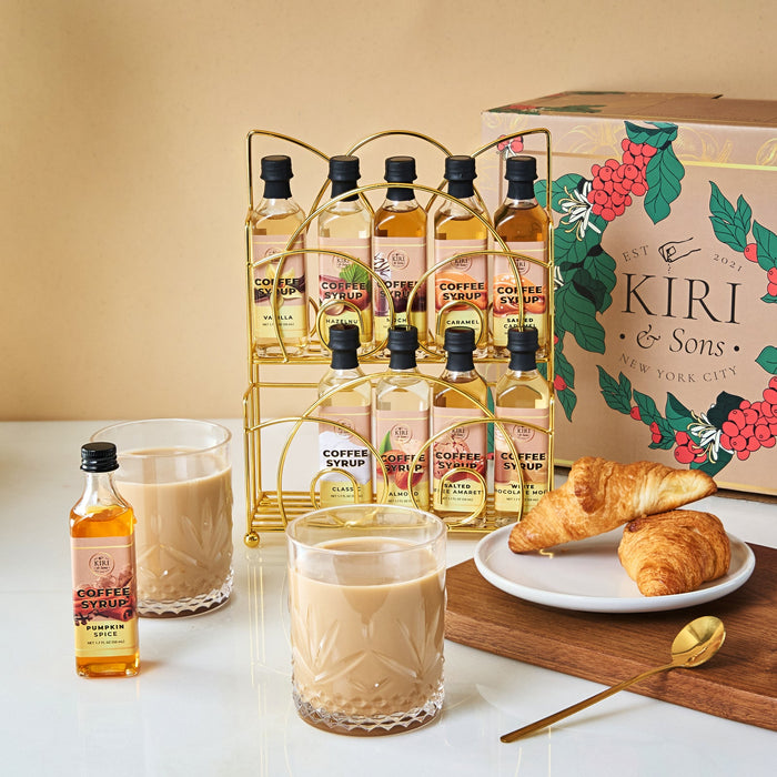 Gourmet Coffee Syrup Rack Gift Set, Includes Display Rack - Flavored Coffees Sweetener, 10 50mL Coffee Syrups, Includes Classic Mocha Vanilla Salted Caramel Flavoring Chai Latte, Protein Shake Flavors