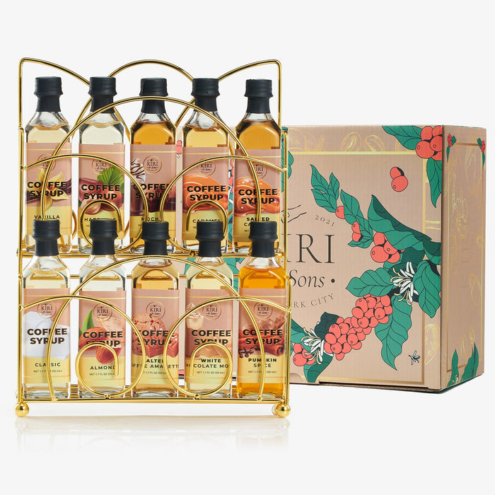 Gourmet Coffee Syrup Rack Gift Set, Includes Display Rack - Flavored Coffees Sweetener, 10 50mL Coffee Syrups, Includes Classic Mocha Vanilla Salted Caramel Flavoring Chai Latte, Protein Shake Flavors