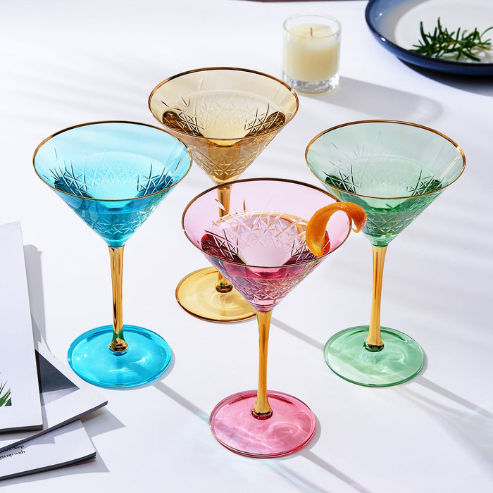 Crystal Gold Rimmed Champagne, Martini, Cocktails Glasses - Set of 4