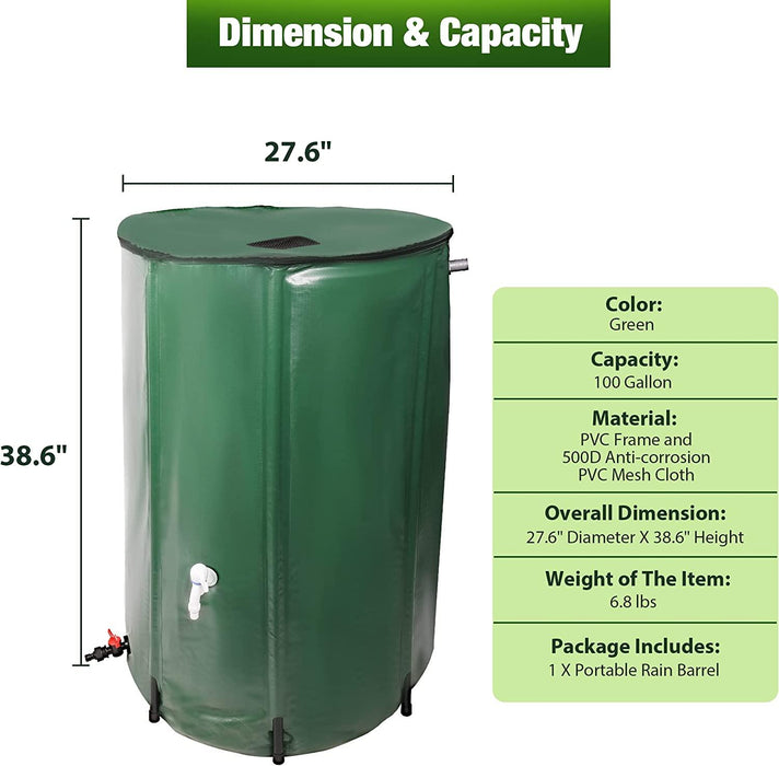 Rain Barrel Water Collector Rainwater Storage Container 100 Gallon, Green