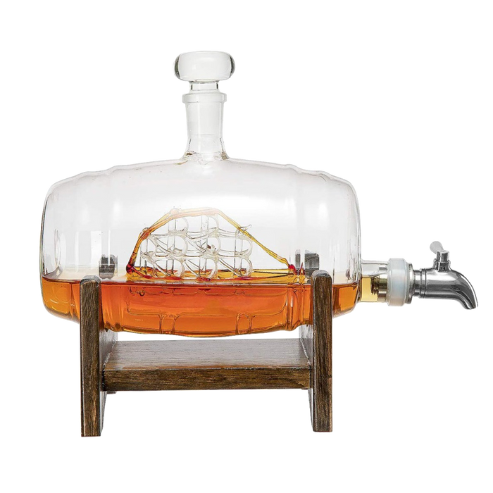 Whiskey Ship in a Barrel Decanter With Ship With 2-10 oz Glasses - By The Wine Savant, Whiskey & Wine Decanter Clear