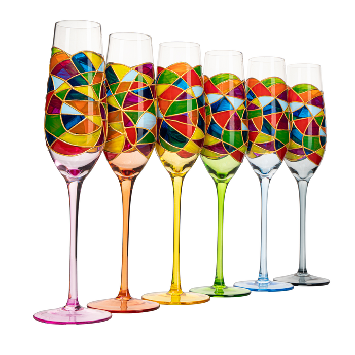 Stained Glass Champagne Flutes Set of 6 Hand Painted - Wine Savant - Hand Blown 7 Ounce Colorful Renaissance Champagne Glasses - 10.2" Tall, 2.7" Diameter Rainbow Multicolor Design Glassware