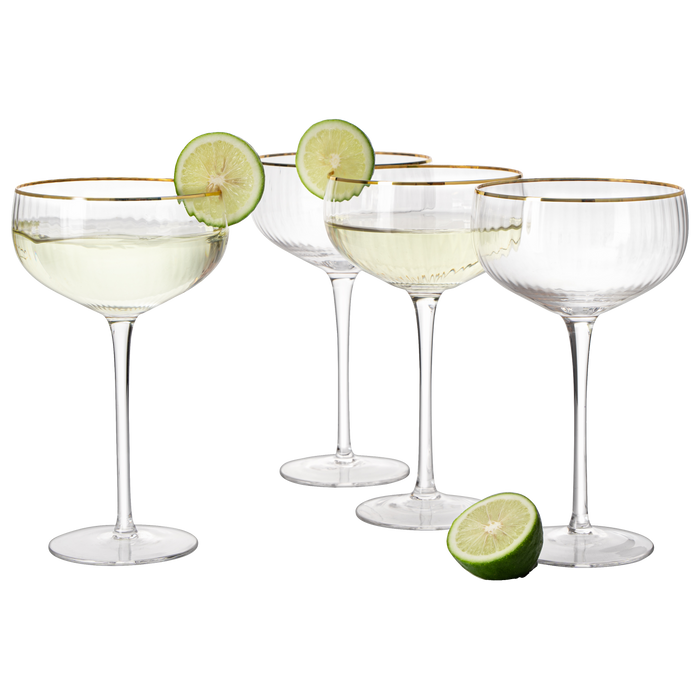 Gold Rim Glasses 7 oz, Set of 4 Gold Rim Classic Manhattan Glasses For Martini, Cocktails, Champagne, Wine - The Wine Savant (Ribbed)