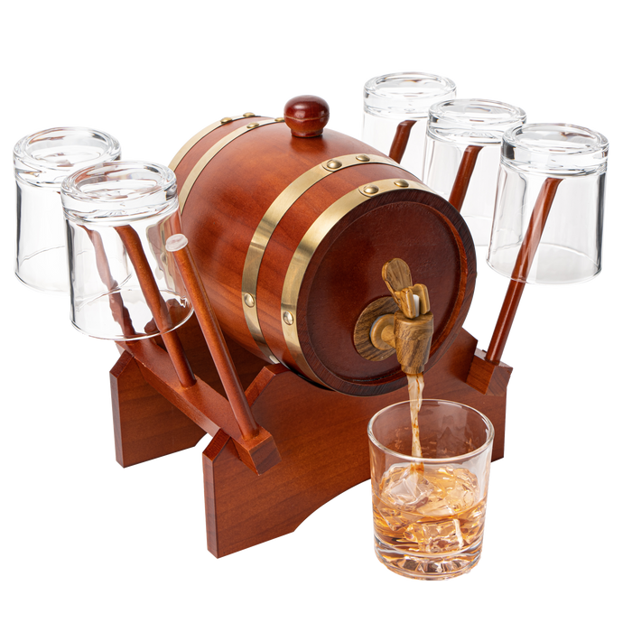 Barrel Decanter with 6 Whiskey Glasses by The Wine Savant - 1000 mL Mahogany Wood Old Fashioned Classic Whiskey Decanter Set, Gifts for Him, Father's Day, Gift Ideas