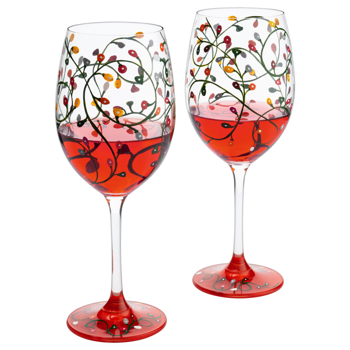 Stemmed Christmas Lights Wine Glasses Set of 2 - Hand Painted Wine Glass Ornament Light Bulbs Glasses, Perfect for Wine, Champagne, Holiday Parties and Festivities - 9.5" High, 21 oz Capacity