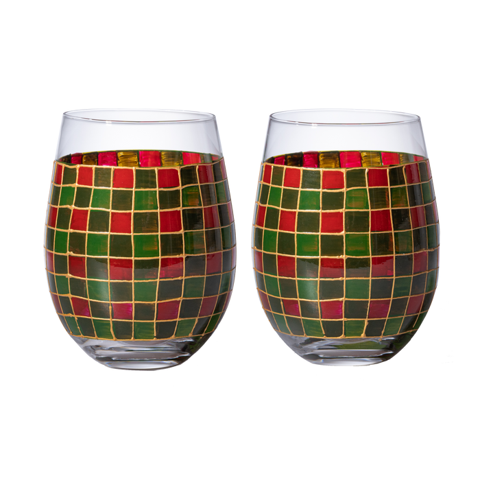 The Wine Savant Crystal New Years Artisanal Hand Painted Stemless Glasses Set of 2 - Rennesance Romantic Stain-glassed Windows - Festive Holiday Perfect for Holidays Parties, Gifts for Him & Her