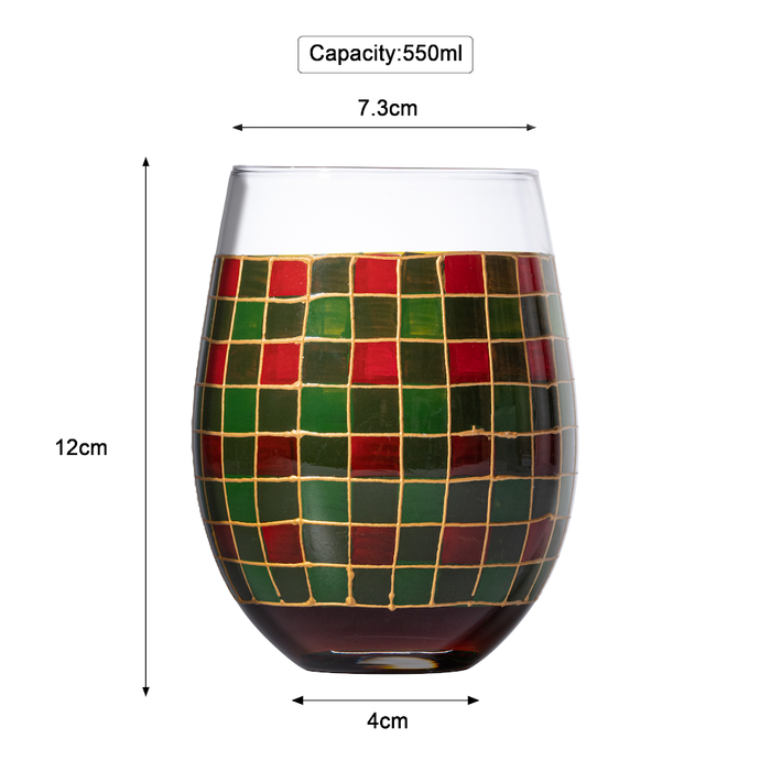The Wine Savant Crystal New Years Artisanal Hand Painted Stemless Glasses Set of 2 - Rennesance Romantic Stain-glassed Windows - Festive Holiday Perfect for Holidays Parties, Gifts for Him & Her