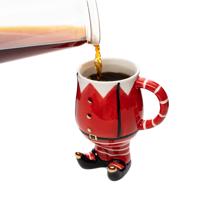 Christmas Santa's Elf Mug - Hand Painted - Holiday Seasonal Gift, Coffee, Tea Water - 14 oz 6" High Winter Season Cup, Cute Merry Xmas, Reindeer, Snowman, Christmas Tree Design, Red & White Gold Decor