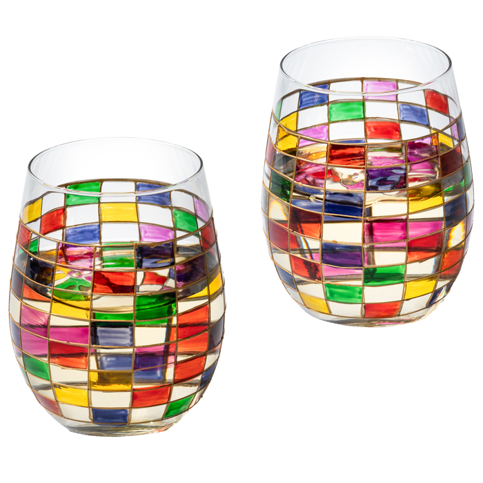 Renaissance Stained Wine Glasses Set of 2 by The Wine Savant - Festive Colorful Coffee Cups, Stained Window, Multicolored, Home Bar Gift, Colored Drinkware, Rainbow Glassware (Stemless)
