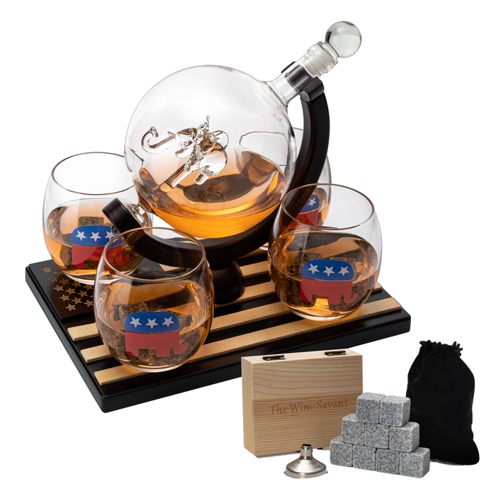 Republican Party Wine & Whiskey Decanter Set, Proud Republicans Vote Red Election Decor, Washington DC Politics Gift, 750ml US Flag & 4 Glasses - Elephant Logo, RNC Gifts, Senate, House & President