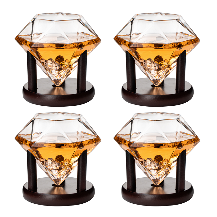 Set of 4 Diamond Whiskey & Wine Glasses With Wood Stands 10oz - Wine, Whiskey, Water, Diamond Shaped, Diamonds Collection Sparkle Patented Wine Savant - Stands Alone, Or on Stand