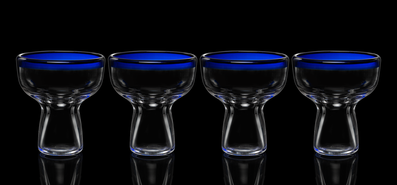 Mexican Hand Blown Blue Rim Margarita Glasses - Set of 4 - Stemless Glass Luxury Hand Blown Mexico Margarita, Martini & Champagne Glasses Cinco de Mayo Glass, Large Party Cobalt Mexico Blue Rim Design
