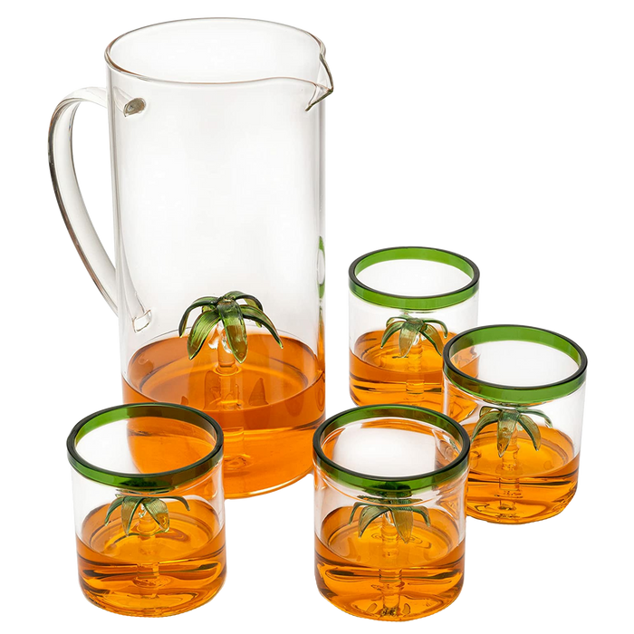 Palm Tree Pitcher & 4 Glasses Set Decanter with 4 Glasses 9oz by The Wine Savant - Elegant Glass Set, Great for Water Iced Tea, Sangria, Lemonade, and More! 1300ml 9" H