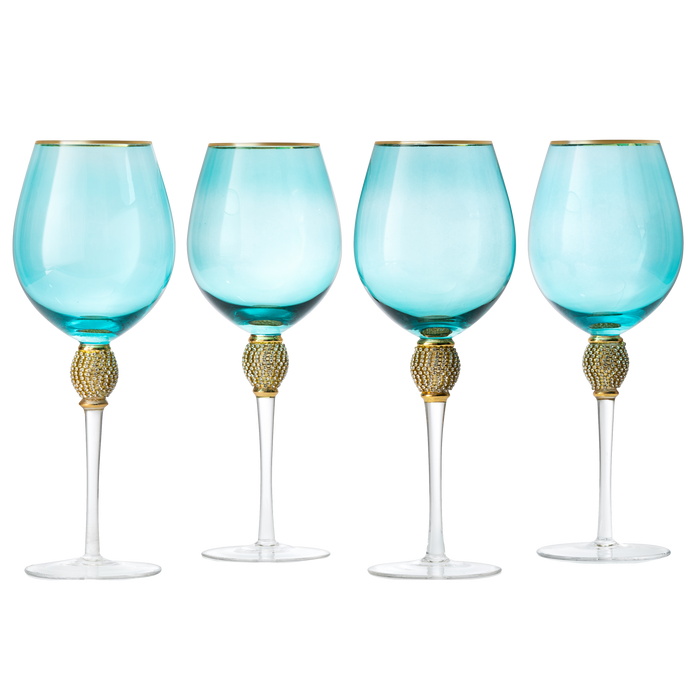 The Wine Savant Large Diamond Wine Glasses, 10" H Gold Rim Rhinestone Diamond Glasses - Wedding Glasses - 18 Ounce, Premium Designed Wine Glasses for Spirits and Wine, Gift Boxed (4, Blue)