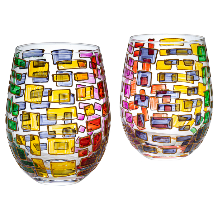 The Wine Savant Renaissance Stained Glass Windows, Artisanal Hand Painted Glassware Gift Idea Her, Him, Birthday, Mom, Housewarming, Gifts Ideas for Women & Men Art Deco (Stemless Wine Glasses)