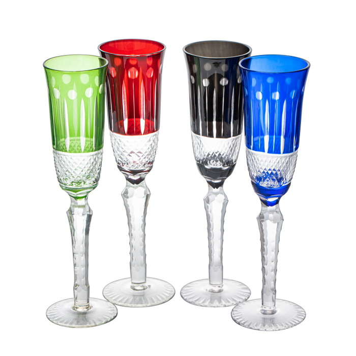 The Wine Savant Crystal Italian Multicolor Design Flutes - 4 Set - 5oz 9" H Cocktail & Champagne Glassware Bohemian Venetian Style Red, Blue, Green, Black Glasses, Dinners Parties, Bars & Weddings