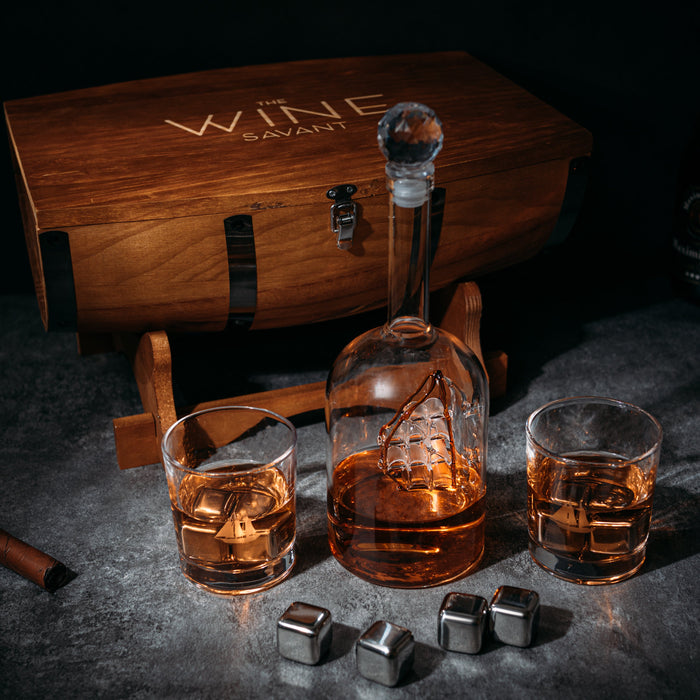Large Display Whiskey & Wine Decanter with Antique Ship - Handcrafted Wood Barrel Storage - Wine Savant Decanters Gifts Set with 2 Glasses, & Drink Chiller Stones for Your Bar - 16" x 8" x 15"