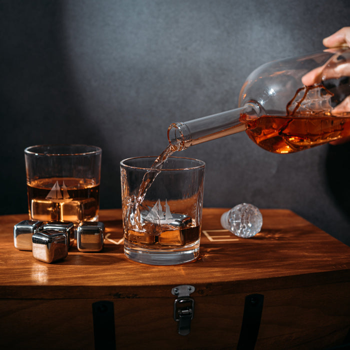Large Display Whiskey & Wine Decanter with Antique Ship - Handcrafted Wood Barrel Storage - Wine Savant Decanters Gifts Set with 2 Glasses, & Drink Chiller Stones for Your Bar - 16" x 8" x 15"