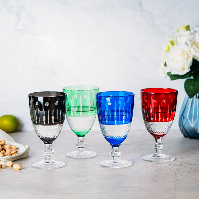 The Wine Savant Crystal Italian Multicolor Design Cups -Set of 4 Short Chalice Glasses 8oz 5.7" H Venetian Italian Style Red, Blue, Green, Black Glasses, Great for Dinner Parties, Bars & Weddings