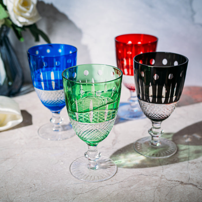 The Wine Savant Crystal Italian Multicolor Design Cups -Set of 4 Short Chalice Glasses 8oz 5.7" H Venetian Italian Style Red, Blue, Green, Black Glasses, Great for Dinner Parties, Bars & Weddings